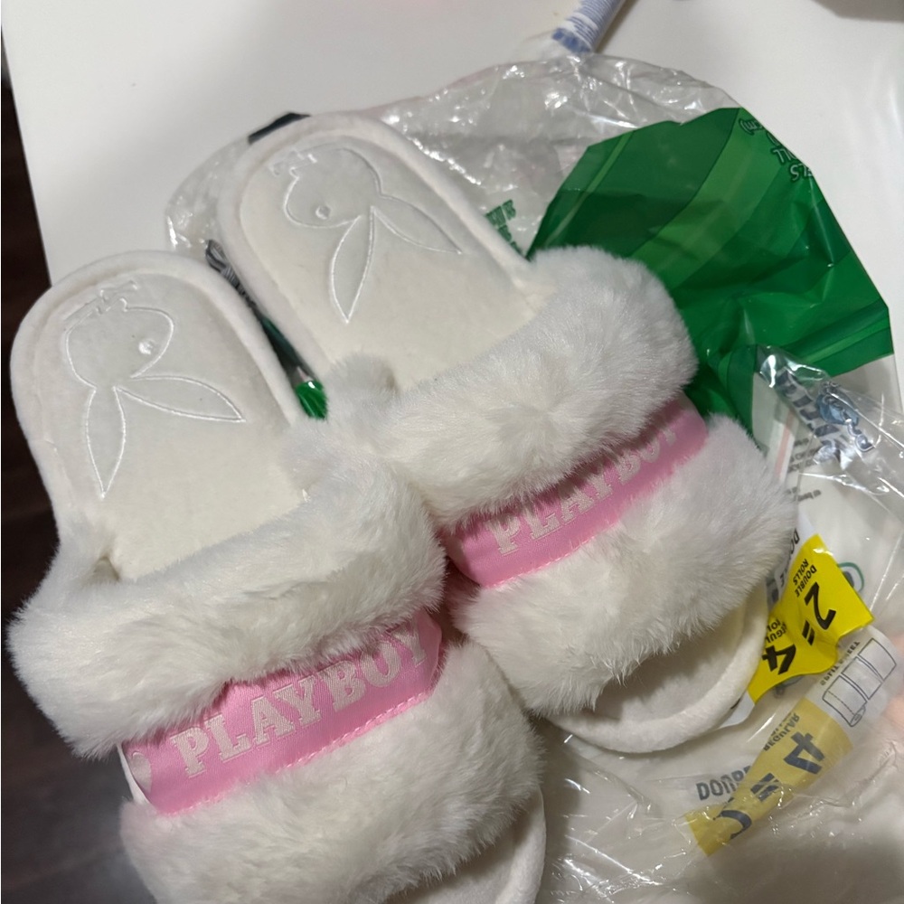 Playboy White and Pink Plush Slides